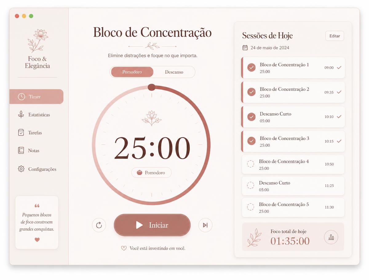 Tela do bloco de concentração do aplicativo A Ordem