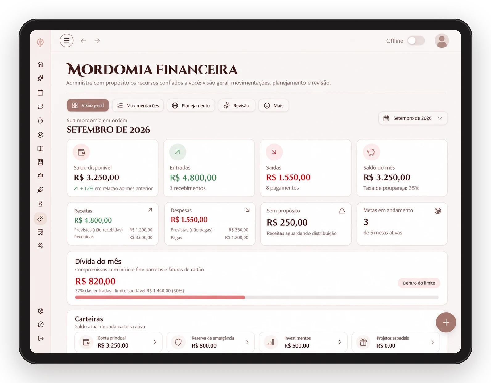 Tela de mordomia financeira do aplicativo A Ordem