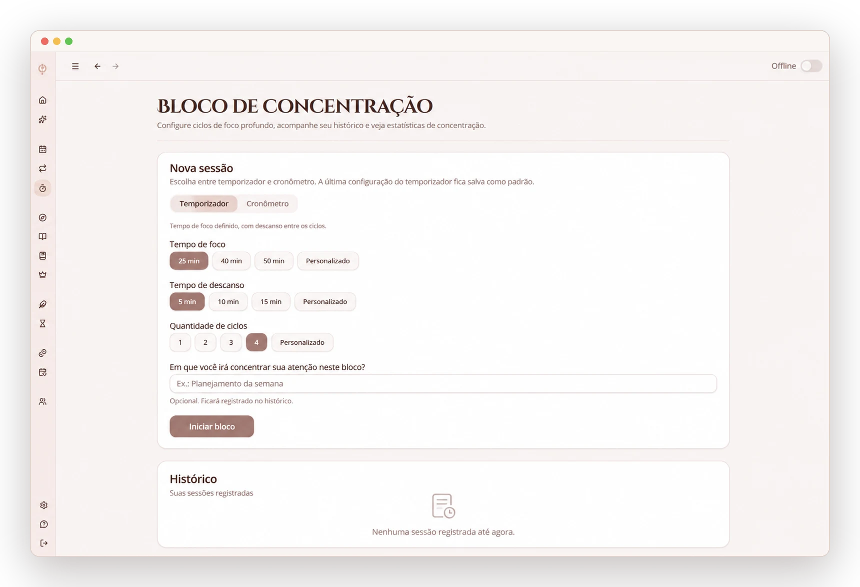 Tela do bloco de concentração do aplicativo A Ordem