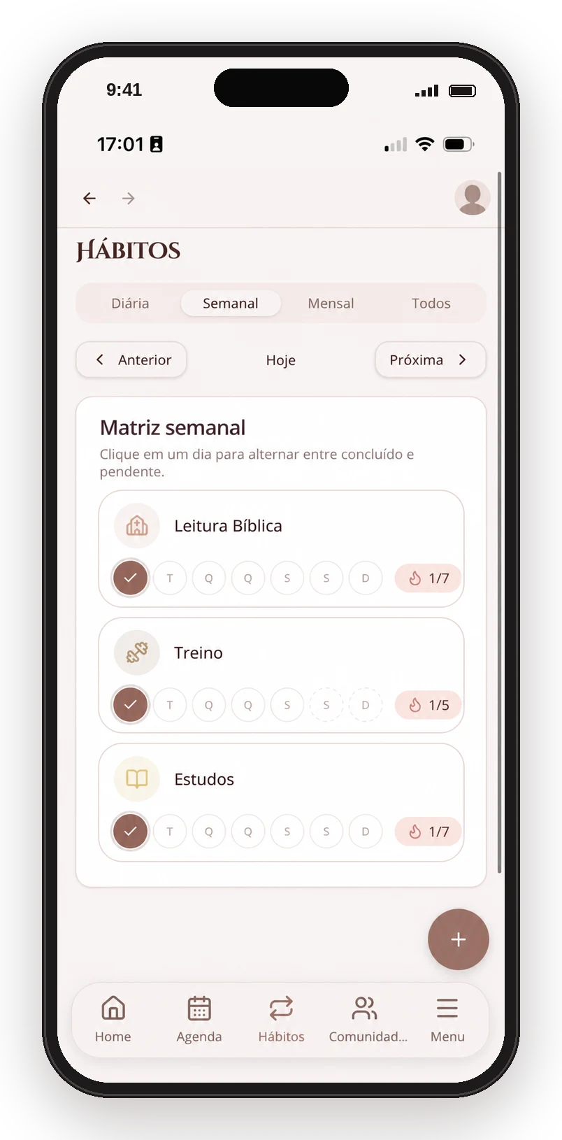 Tela de hábitos do aplicativo A Ordem